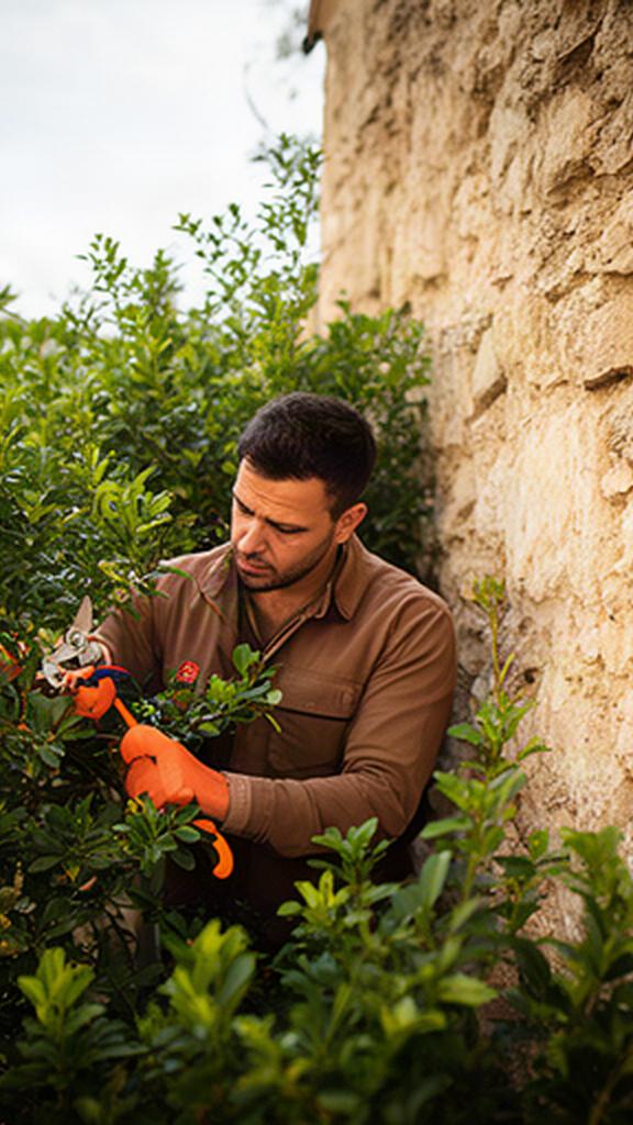 Giardiniere mentre pota arbusti ornamentali vicino a un muretto in pietra