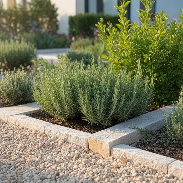 Aiuola curata con ghiaia, piante aromatiche e bordi puliti in un giardino residenziale