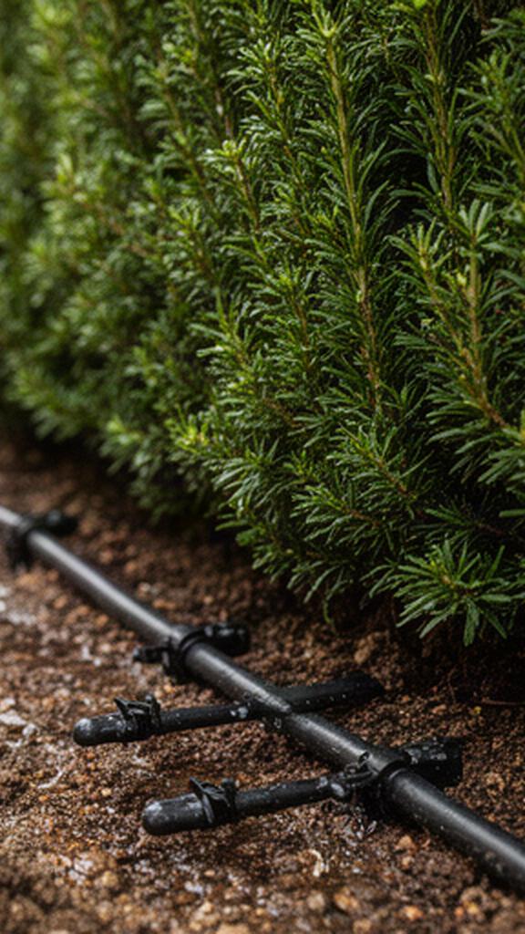 Tubazioni di irrigazione a goccia installate sotto una siepe ordinata in un giardino di Ragusa