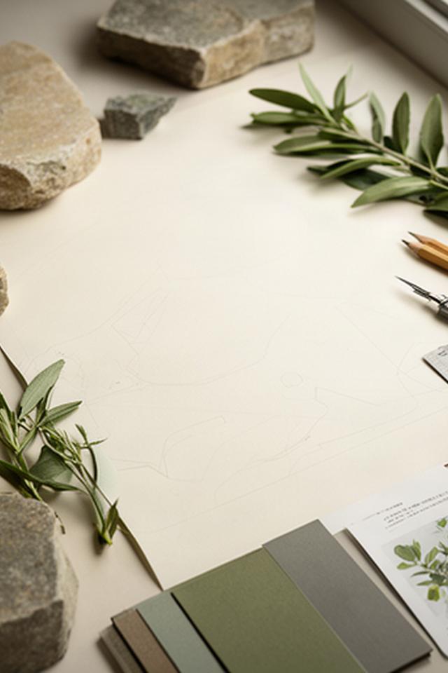 Progetto cartaceo di un giardino residenziale accanto a campioni di pietra e foglie aromatiche