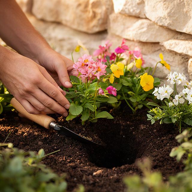 Mani che piantano fiori stagionali in una bordura vicino a un muro in calcare