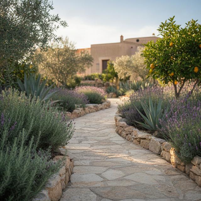 Vialetto in pietra tra piante mediterranee in un giardino della provincia di Ragusa