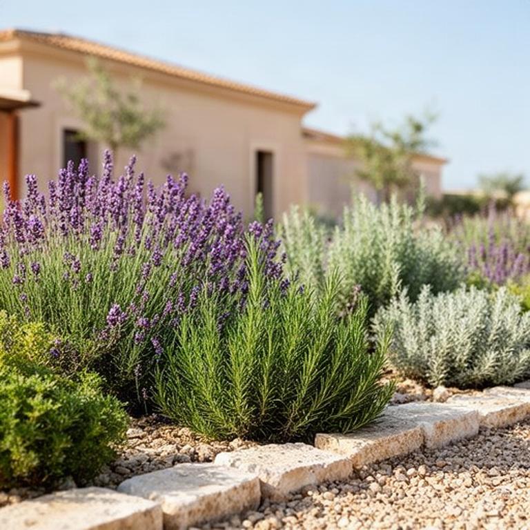 Aiuola mediterranea con lavanda, rosmarino e piante autoctone davanti a un'abitazione siciliana