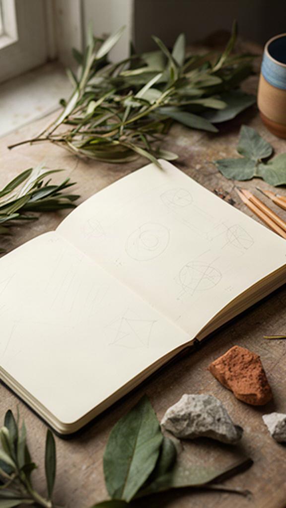 Quaderno con note di progettazione per un giardino e campioni di foglie mediterranee