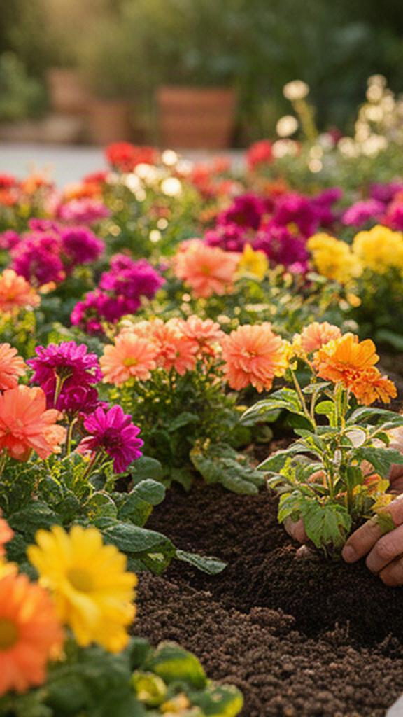 Fioriture stagionali colorate messe a dimora in un'aiuola ordinata