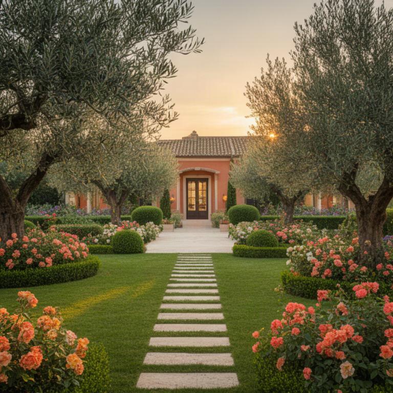 Giardino mediterraneo curato con prato, ulivi e aiuole fiorite al tramonto