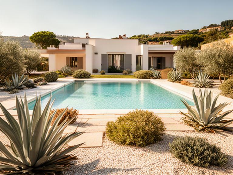 Area piscina di una villa siciliana con aiuole a bassa manutenzione, agavi e ghiaia