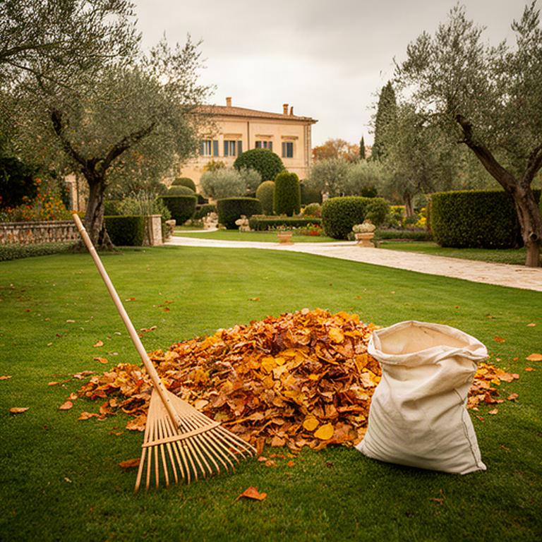 Raccolta di foglie autunnali su un prato curato in una villa siciliana
