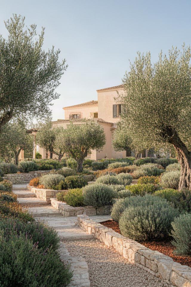 Giardino mediterraneo di una villa a Ragusa con macchia locale, pietra chiara e ulivi