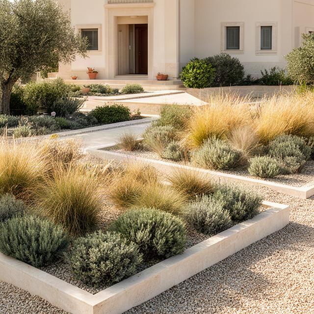 Aiuole geometriche davanti a una villa vicino Marina di Ragusa con graminacee e arbusti mediterranei