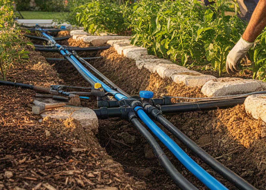 Installazione di tubi per irrigazione sotto un'aiuola in un giardino siciliano