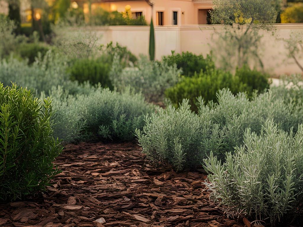 Aiuola pacciamata con corteccia e arbusti sani in un giardino residenziale siciliano