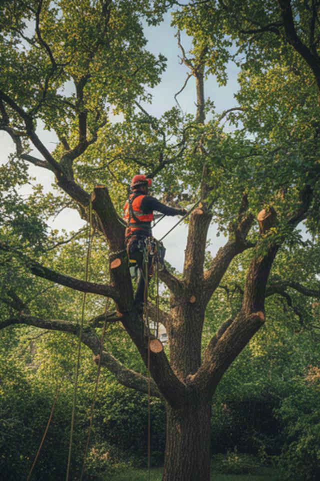 Arboricoltore che esegue una potatura sicura su un albero adulto in giardino