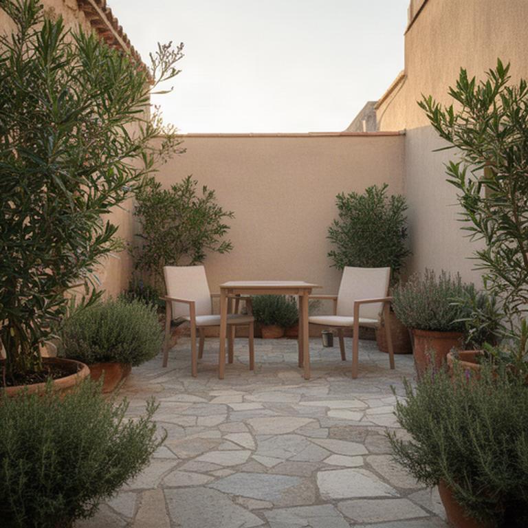 Piccolo patio selciato con sedute e piante verdi in un cortile residenziale