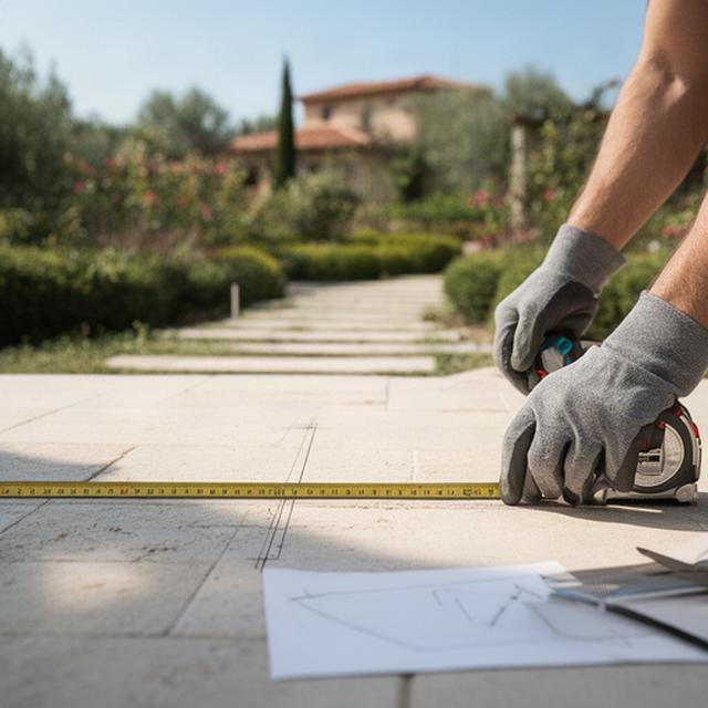 Misurazione di una pavimentazione esterna prima della costruzione di un vialetto