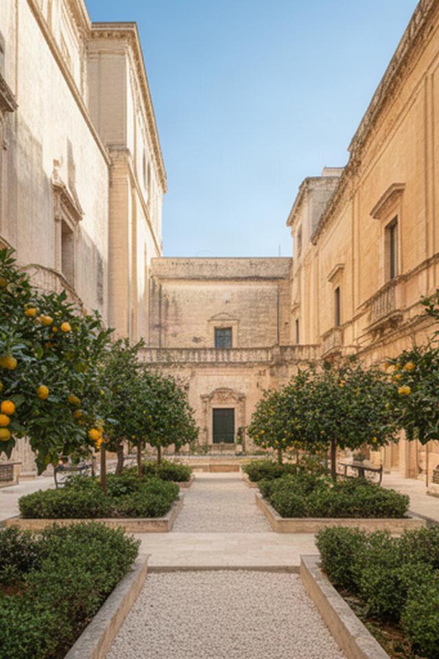 Cortile condominiale nel centro storico di Ragusa con aiuole ordinate e agrumi