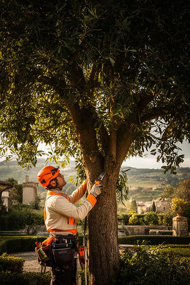 Cura professionale di un albero ornamentale in un giardino mediterraneo