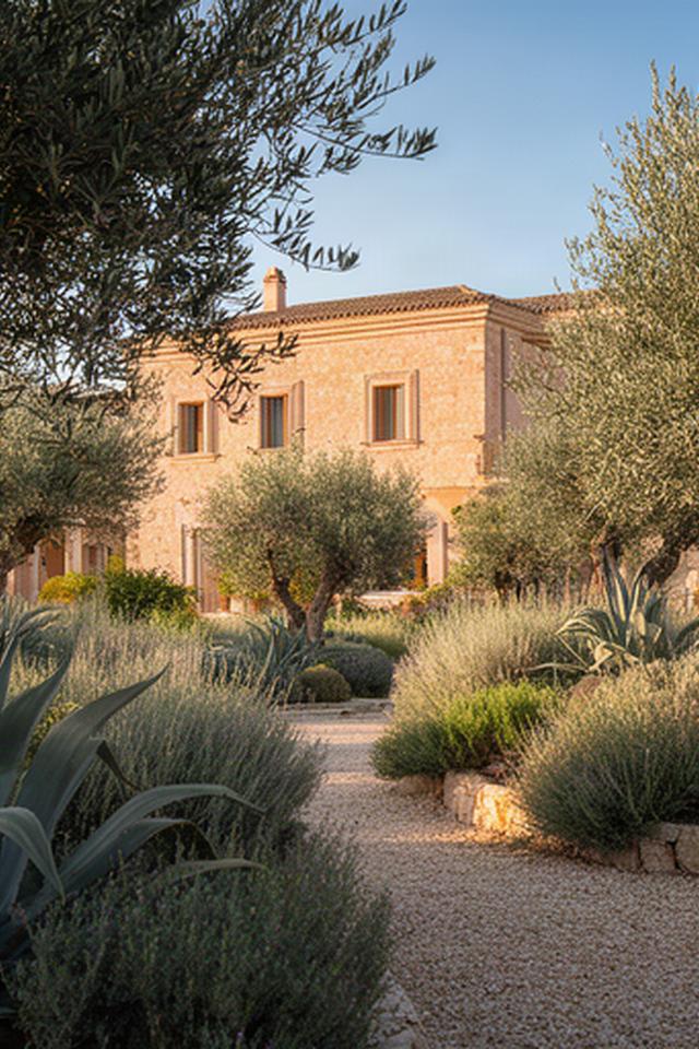 Giardino mediterraneo davanti a una villa in pietra nella campagna di Ragusa
