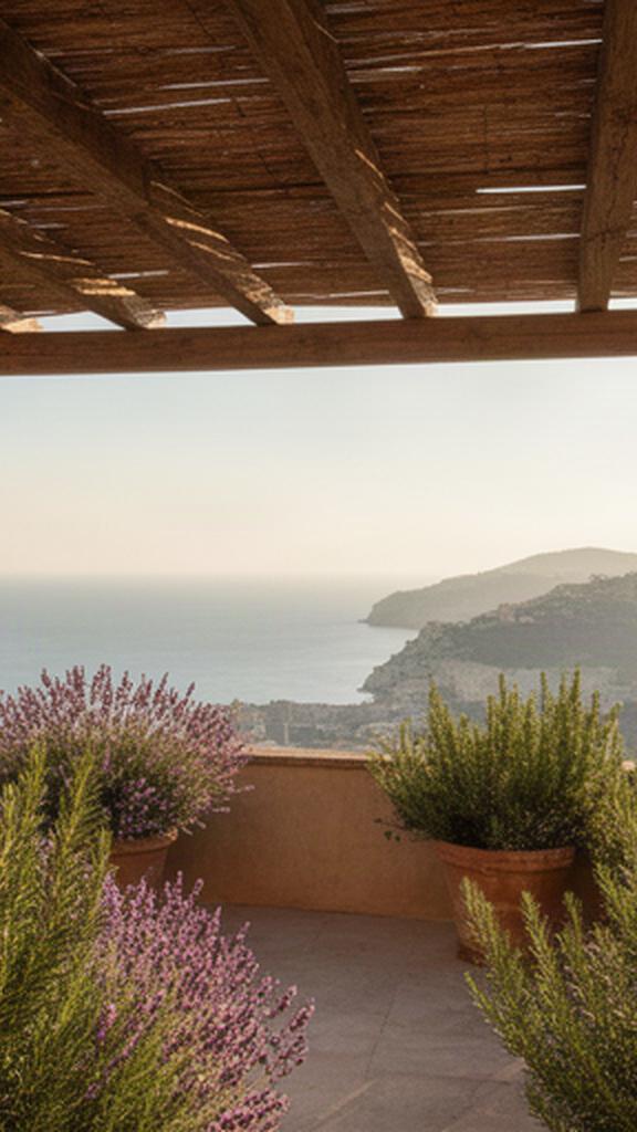 Pergola in legno su terrazza di villa siciliana con rosmarino, lavanda e vista sulla costa