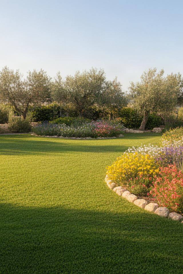 Tappeto erboso verde con piccola area fiorita stagionale in un giardino assolato della provincia di Ragusa