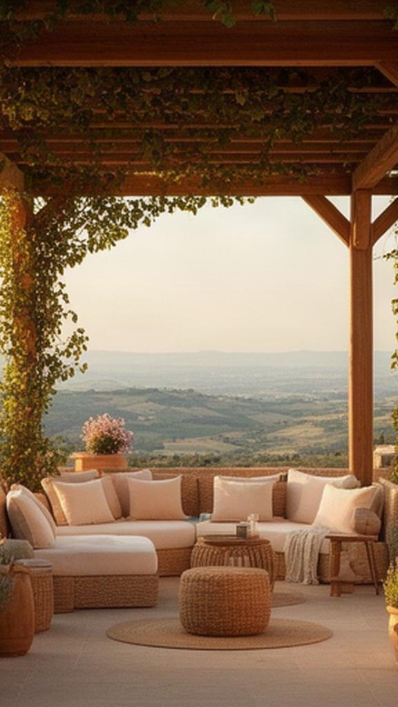Pergolato in legno con sedute e piante rampicanti in una terrazza panoramica di Ragusa