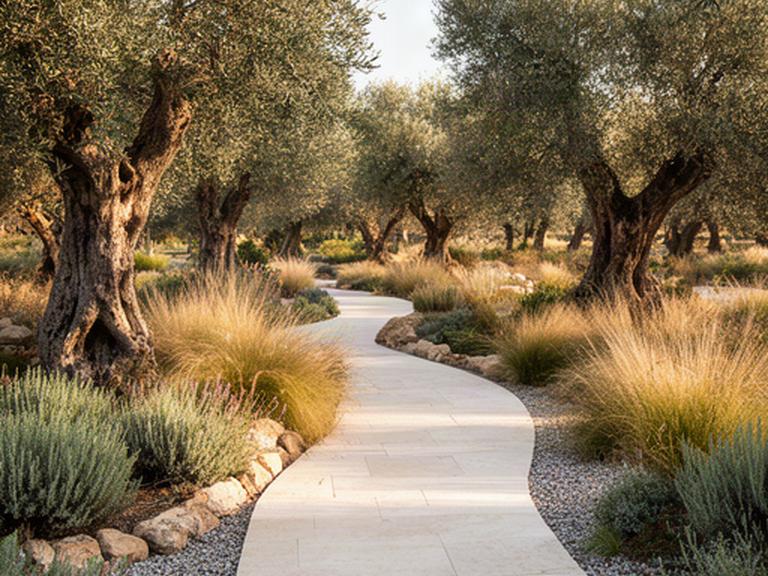 Camminamento in pietra locale tra aromatiche e ulivi in un giardino siciliano