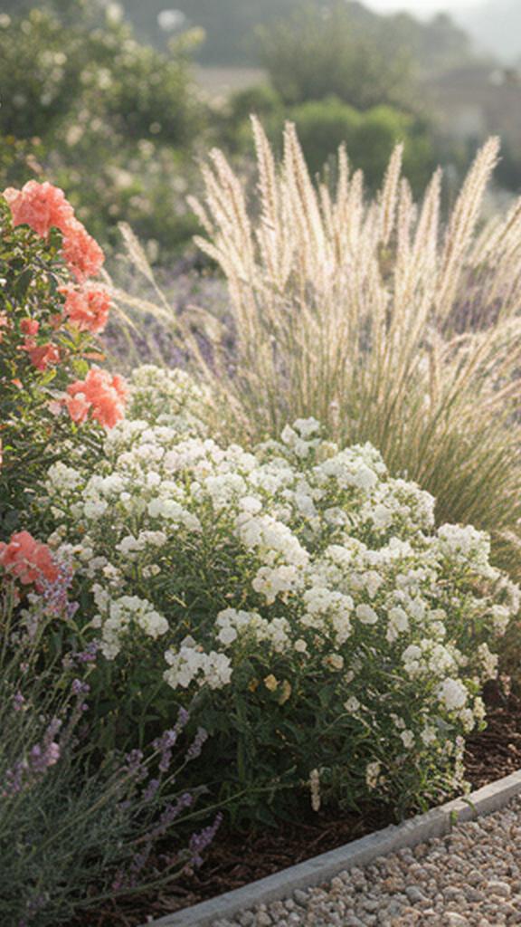 Arbusti fioriti e graminacee lungo una bordura curata in un giardino di Ragusa
