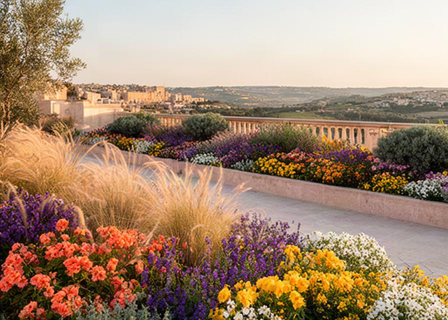 Aiuole fiorite con colori stagionali lungo il bordo di una terrazza a Ragusa