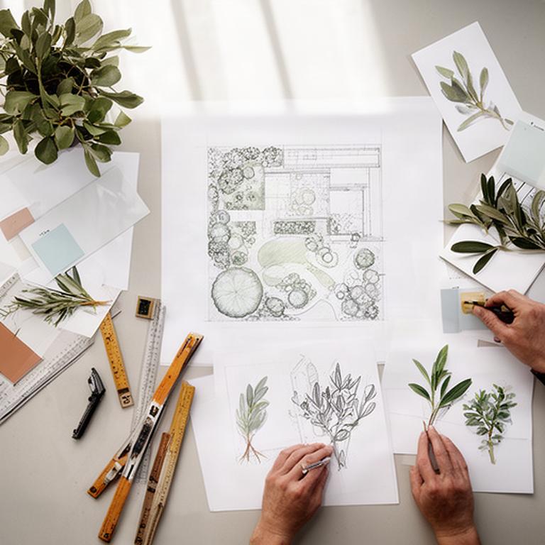 Disegno di progettazione per un giardino con tavolo da lavoro e campioni di piante