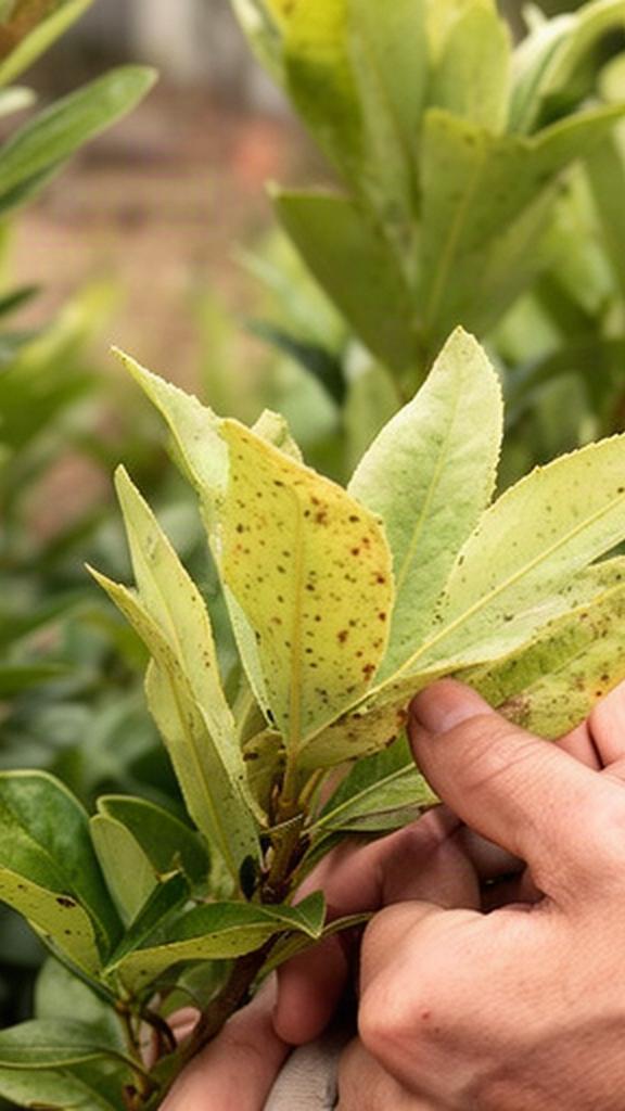Ispezione delle foglie di un arbusto per individuare parassiti e malattie