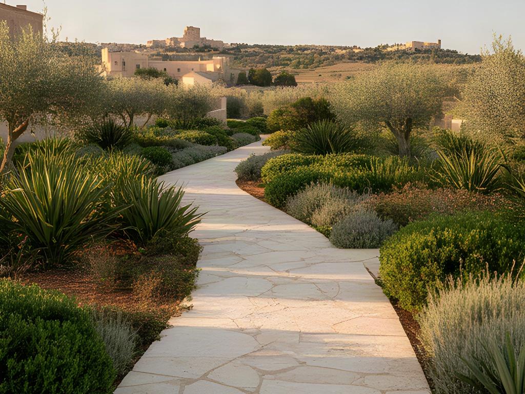 Percorso in pietra locale che attraversa un giardino assolato con bordure verdi a Ragusa