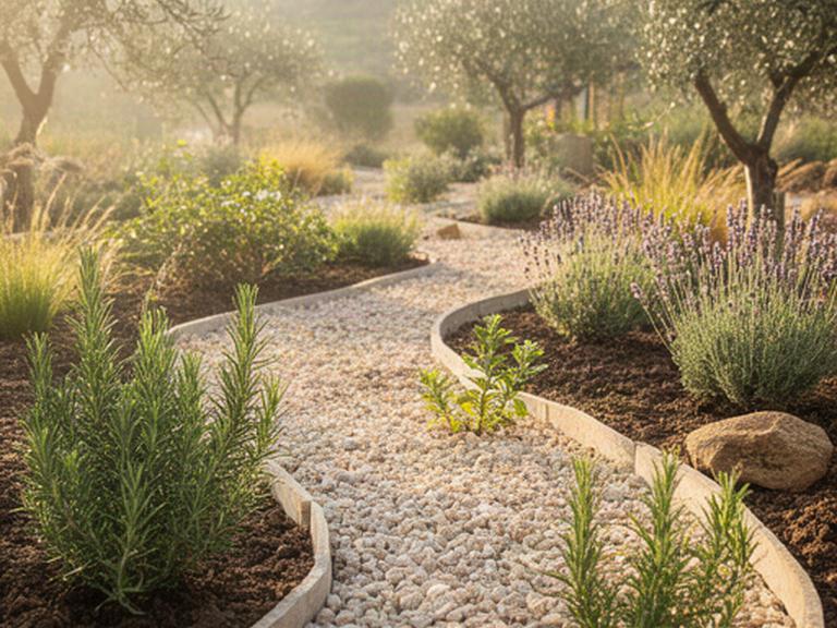 Piante mediterranee appena messe a dimora tra ghiaia chiara e bordure naturali