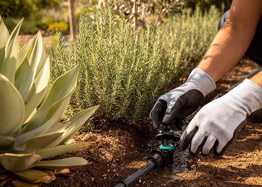 Controllo di un impianto di irrigazione accanto a piante mediterranee in estate