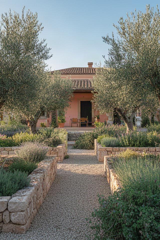 Giardino mediterraneo con ulivi e aiuole ordinate in una casa di Ragusa