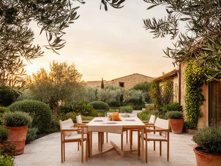 Patio esterno in pietra chiara con tavolo da pranzo e vegetazione mediterranea