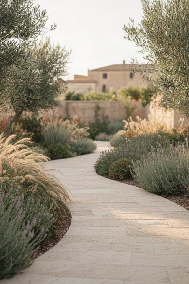 Sentiero in pietra tra piante mediterranee in un giardino di Ragusa