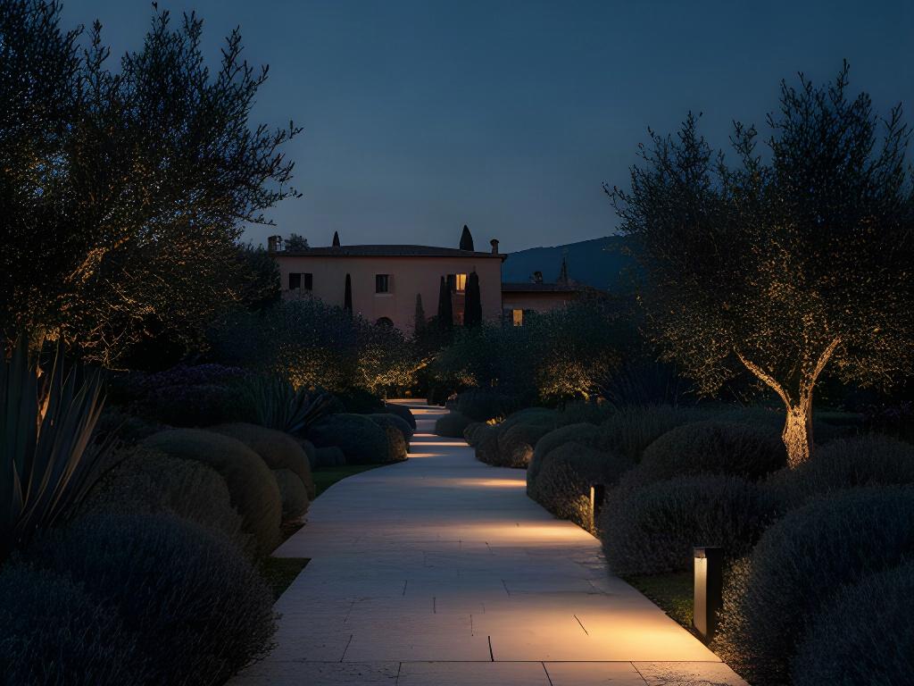 Illuminazione discreta lungo un percorso di giardino al crepuscolo in una proprietà di Ragusa