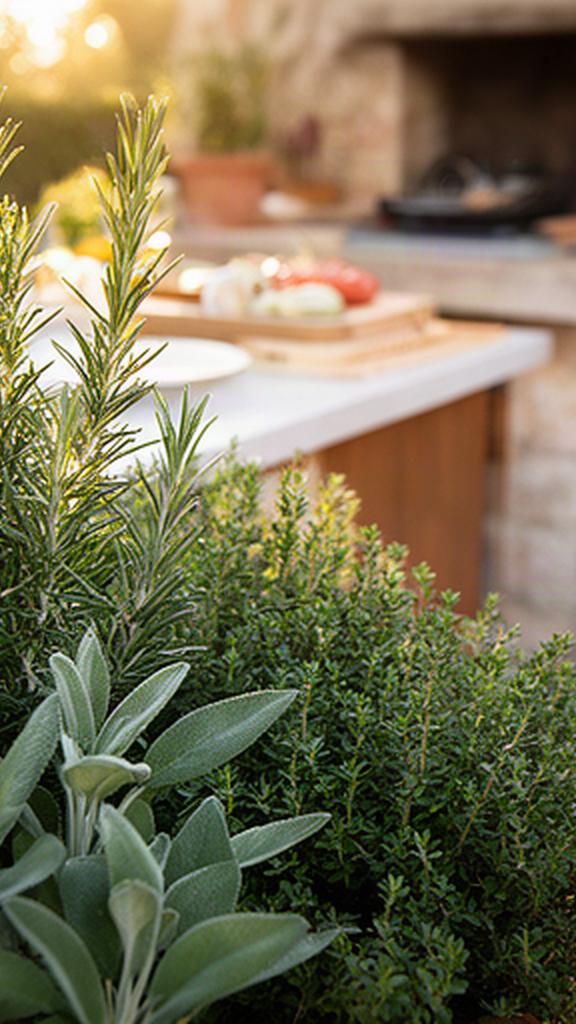 Angolo aromatico con rosmarino, salvia e timo vicino a una cucina esterna siciliana
