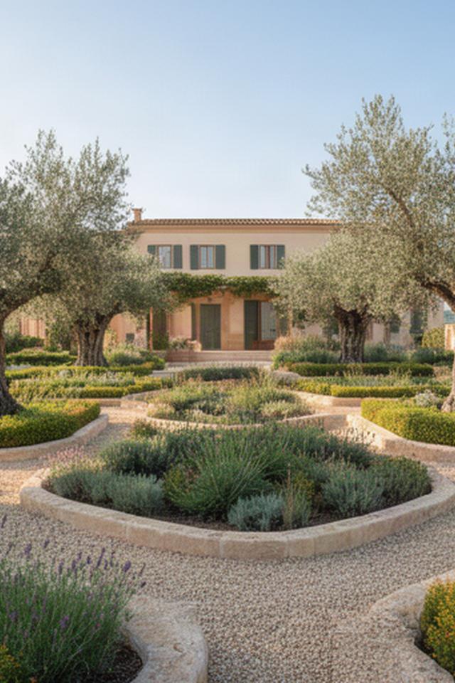 Progetto di giardino mediterraneo con aiuole geometriche e ulivi in una villa di Ragusa