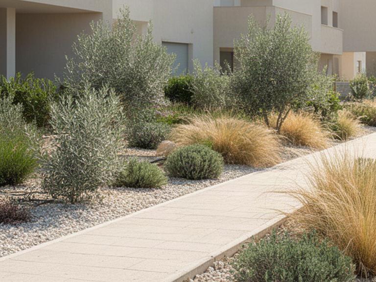 Aiuole di un condominio in provincia di Ragusa con ghiaia, arbusti sempreverdi e passaggio pedonale