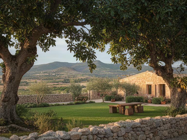 Giardino di agriturismo sui Monti Iblei con carrubi, muretti a secco e prato vicino alla casa