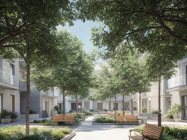 Cortile comune di un condominio a Ragusa con alberi ombreggianti, sedute e aiuole ordinate