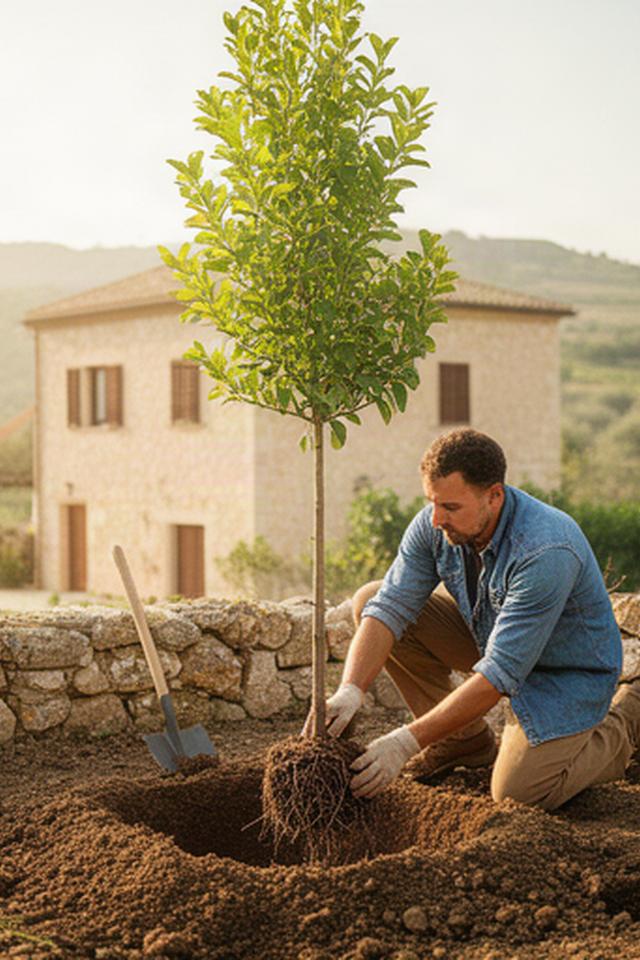 Messa a dimora di un giovane albero in un terreno preparato vicino a una casa di campagna siciliana