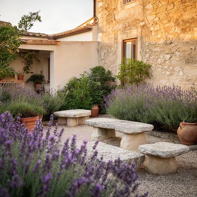 Corte rurale siciliana con piante aromatiche, lavanda e sedute in pietra accanto a una casa di campagna