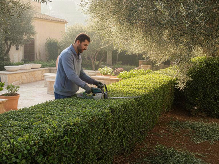 Operatore che rifinisce una siepe in un giardino privato durante la manutenzione ordinaria