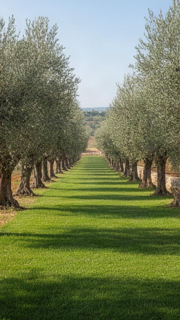 Area di oliveto in campagna ragusana con prato verde e irrigazione interrata tra gli alberi