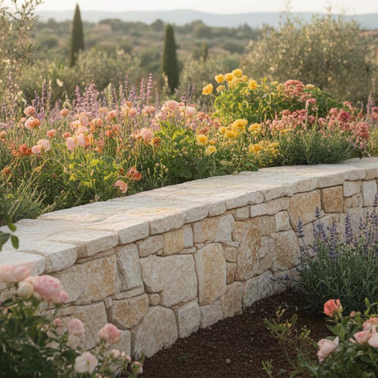 Muretto decorativo in pietra chiara che delimita una bordura fiorita in un giardino siciliano