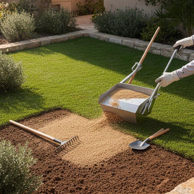 Semina del prato in un giardino mediterraneo con attrezzi da lavoro